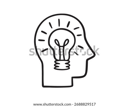 brain idea, profile man head, burning light bulb inside icon doodle hand drawn. Outline line drawing clipart symbol. Vector illustration