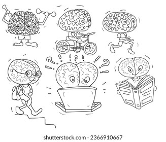 Brain ideas storm hand drawn pictures cute set of isolated cute characters on a white background. Ideas insights brain pumping