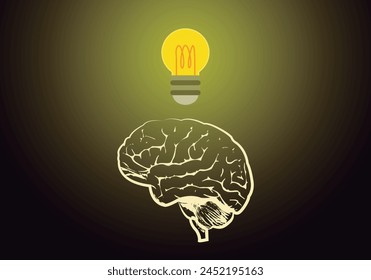 Brain with illuminated light bulb on dark background.