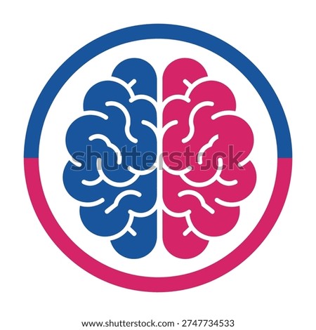 Brain illustration with blue and pink hemispheres in circular frame