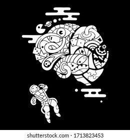 Brain illustration, cosmonaut character, game space