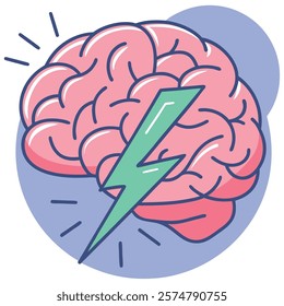 Brain illustration with green lightning bolt