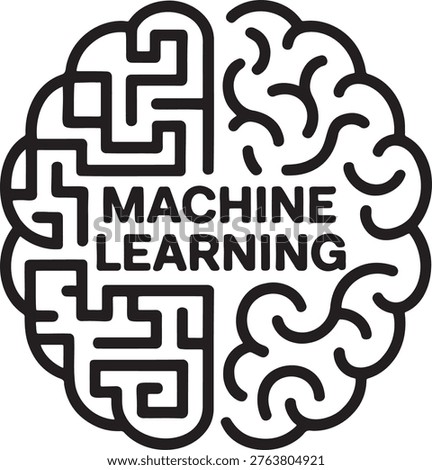 Brain illustration, maze pattern, machine learning text, artificial intelligence, data processing, algorithms, cognitive technology, network, connection, logic, thinking.