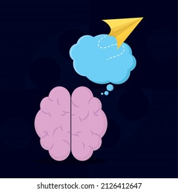 brain illustration with speech bubble and paper plane