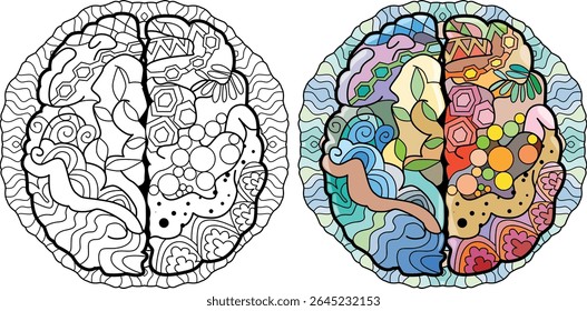 Brain image in zentangle style on mandala for coloring. Color and outline set