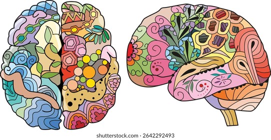 Brain images in zentangle style. Decorative unusual ornaments.