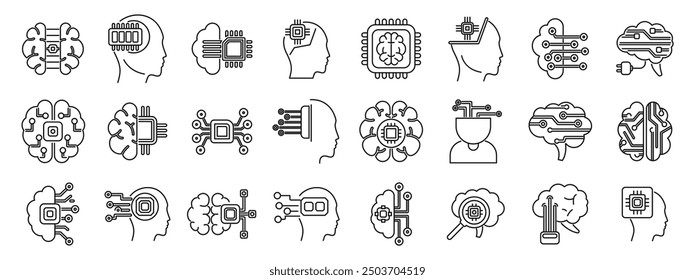 Brain implant icons set. Collection of icons representing artificial intelligence, machine learning, and the fusion of technology with the human mind