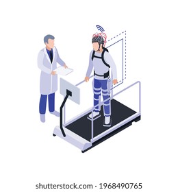 Brain implant technology isometric icon with man undergoing eeg test vector illustration