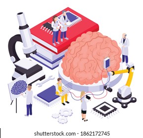 Brain implants innovative nanotechnologies research isometric composition with electronic microscope automatic robotic arm chip placing vector illustration 