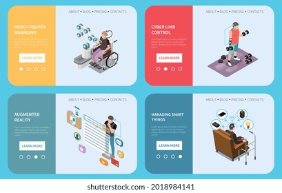 Tecnologías de implantes cerebrales conjunto de páginas de aterrizaje que representan el robot que ayuda a gestionar el control de las extremidades cibernéticas gestión de cosas inteligentes funciones de realidad aumentadas ilustración vectorial