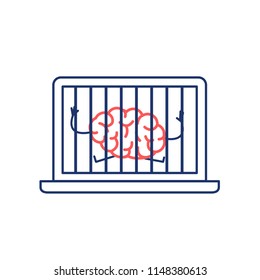 Brain imprisoned in laptop. Vector concept illustration of mind trapped inside computer | flat design linear infographic icon red and blue on white background