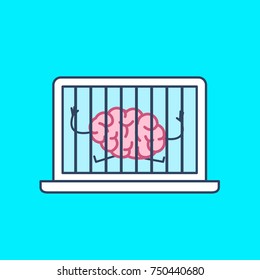 Brain imprisoned in laptop. Vector concept illustration of mind trapped inside computer | flat design linear infographic icon on blue background