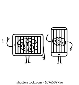 Brain imprisoned in tablet and smartphone. Vector concept illustration of mind trapped in technology gadgets | flat design linear infographic icon black on white background