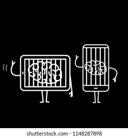 Brain imprisoned in tablet and smartphone. Vector concept illustration of mind trapped in technology gadgets | flat design linear infographic icon white on black background