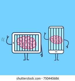 Brain imprisoned in tablet and smartphone. Vector concept illustration of mind trapped in technology gadgets | flat design linear infographic icon on blue background