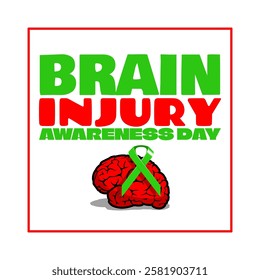 Brain Injury Awareness Day to celebrate on March 4th. Illustration of a brain with green campaign ribbon and bold text in frame on white background. Health event banner.