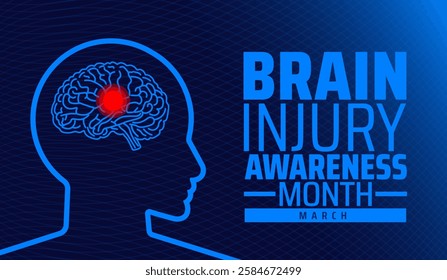 Brain Injury Awareness Month blue color technology concept background banner or poster design template. observed every year in March. Holiday concept. Use to any Template, card, poster, placard.