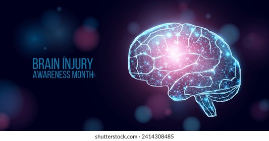 Concepto del mes de toma de conciencia de lesiones cerebrales con un cerebro de polos bajo y brillante. Marco de alambre de bajo estilo de poli. Resumen de ilustración vectorial 3d moderna sobre fondo azul oscuro. 