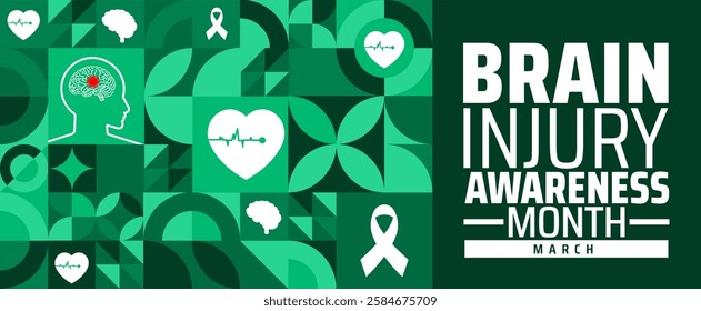 Brain Injury Awareness Month geometric shape pattern  background banner or poster design template. observed every year in March. Holiday concept. Use to any Template, card, poster, placard, template.