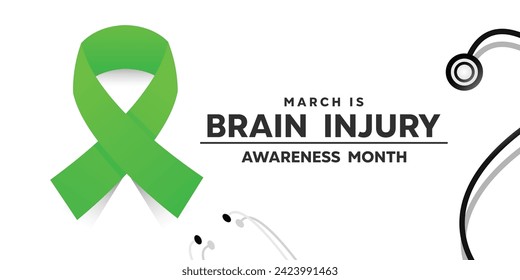Brain Injury Awareness Month. Green ribbon and stestoscope. Card, banner, social media, poster and more.  White background.