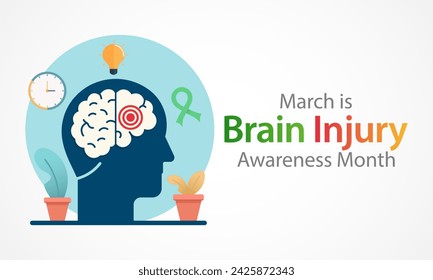 Brain Injury awareness month (TBI) is observed every year in March, is a disruption of the normal function of the brain that can be caused by a blow, bump or jolt to the head. vector illustration