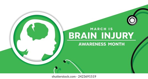 Mes de Concienciación sobre Lesiones Cerebrales. Mujeres, cerebro y estestoscopio. Tarjeta, cartel, medios sociales, afiche y más.  Fondo blanco y verde. 