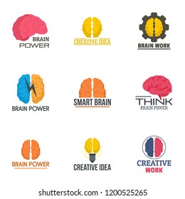 Brain innovation logo set. Flat set of 9 brain innovation vector logo for web design