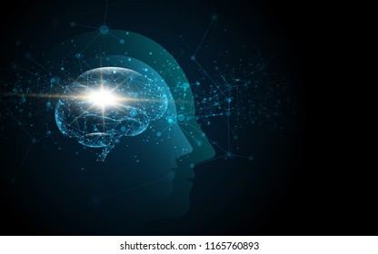 Brain Inside Head Of Human Artificial Intelligence Digital Wireframe Dot Vector Illustration