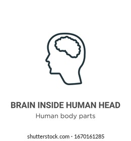 Brain inside human head outline vector icon. Thin line black brain inside human head icon, flat vector simple element illustration from editable human body parts concept isolated stroke on white 
