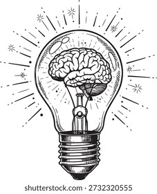 Cerebro dentro de una bombilla que brilla con ideas