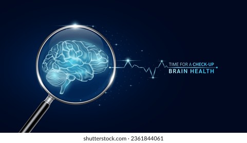 Brain inside magnifying glass with scan search. Health care medical check up too innovative futuristic digital technology. Body health checkup examining organ and blue glowing neon heart pulse. Vector