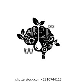 Brain integrated with circuit board patterns, leaves, and water droplets, representing eco-friendly technology, sustainable innovation, and green computing