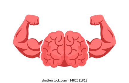 Brain, intellect power. Extreme intelligence, high IQ concept. Brain with strong double biceps. Vector illustration, flat design, cartoon style. Isolated on white background. Front view.