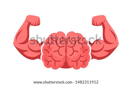 Brain, intellect power. Extreme intelligence, high IQ concept. Brain with strong double biceps. Vector illustration, flat design, cartoon style. Isolated on white background. Front view.