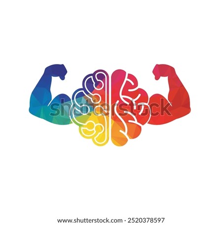 Brain, intellect power. Extreme intelligence, high IQ concept. Brain with strong double biceps. Vector illustration, flat design, cartoon style. Isolated on white background. Front view.