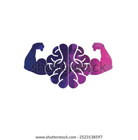 Brain, intellect power. Extreme intelligence, high IQ concept. Brain with strong double biceps. Vector illustration, flat design, cartoon style. Isolated on white background. Front view.