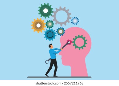 Brain intelligence, adjust creative thinking, improve knowledge learning, fix wisdom development, tune attitude or idea level, concept of man using wrench to adjust gear cogwheels in a human brain.