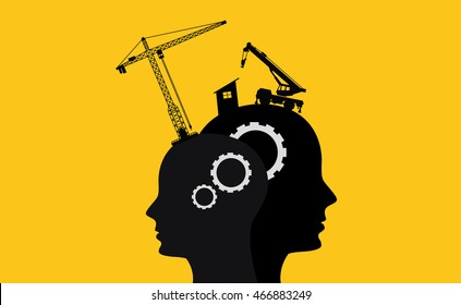 Brain Intelligence Development Concept With Sillhouette Two Human Head And Construction Tools 