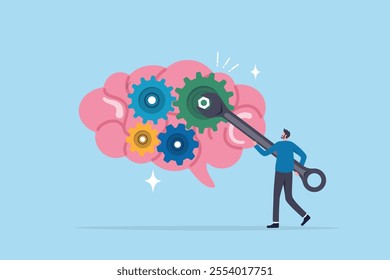 Brain intelligence, fix or adjust creativity thinking, wisdom or improve knowledge learning, tune attitude level or idea development concept, man using wrench adjust gear cogwheels in human brain.