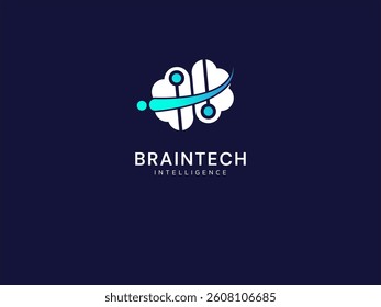 Brain intelligence with overlapping curved network line in Brain technology Analysis logo vector design concept. Abstract brain logotype symbol for advance technology, tech company, ui, AI technology.