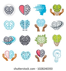 Brain and intelligence vector icons or logos concepts set. Artificial Intelligence, Bright Mind, Brain Training, Feelings soul versus Rational thinking, Creativeness, Brainstorming, Mental Health.