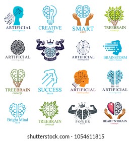 Brain and intelligence vector icons or logos concepts set. Artificial Intelligence, Bright Mind, Brain Training, Feelings soul versus Rational thinking, Creativeness, Brainstorming, Mental Health.