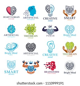 Brain and intelligence vector icons or logos concepts set. Artificial Intelligence, Bright Mind, Brain Training, Feelings soul versus Rational thinking, Creativeness, Brainstorming, Mental Health.