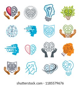 Brain and intelligence vector icons or logos concepts set. Artificial Intelligence, Bright Mind, Brain Training, Feelings soul versus Rational thinking, Creativeness, Brainstorming, Mental Health.