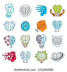 Brain and intelligence vector icons or logos concepts set. Artificial Intelligence, Bright Mind, Brain Training, Feelings soul versus Rational thinking, Creativeness, Brainstorming, Mental Health.