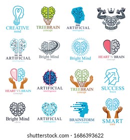 Brain and intelligence vector icons or logos concepts set. Artificial Intelligence, Bright Mind, Brain Training, Feelings soul versus Rational thinking, Creativeness, Brainstorming, Mental Health.