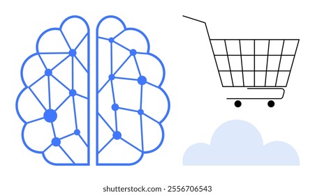 Brain with interconnected nodes, shopping cart, and cloud symbol. Ideal for AI technology, e-commerce, online shopping, cloud computing, and digital transformation. Simple, clean, modern style