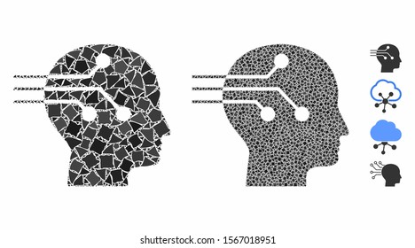 Brain interface composition of rough items in different sizes and color tones, based on brain interface icon. Vector bumpy items are composed into composition.