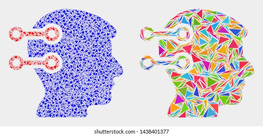 Brain interface links mosaic icon of triangle items which have variable sizes and shapes and colors. Geometric abstract vector design concept of brain interface links.