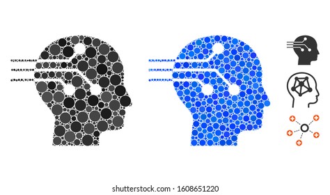 Brain interface mosaic of filled circles in various sizes and color hues, based on brain interface icon. Vector random circles are grouped into blue composition.